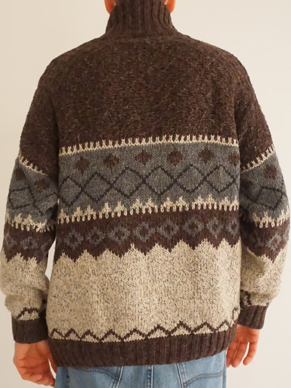 Vintage Fieldmaster Brown Grey Cream Fair Isle Jacquard Knit Half Zip Sweater XL - Picture 2 of 11
